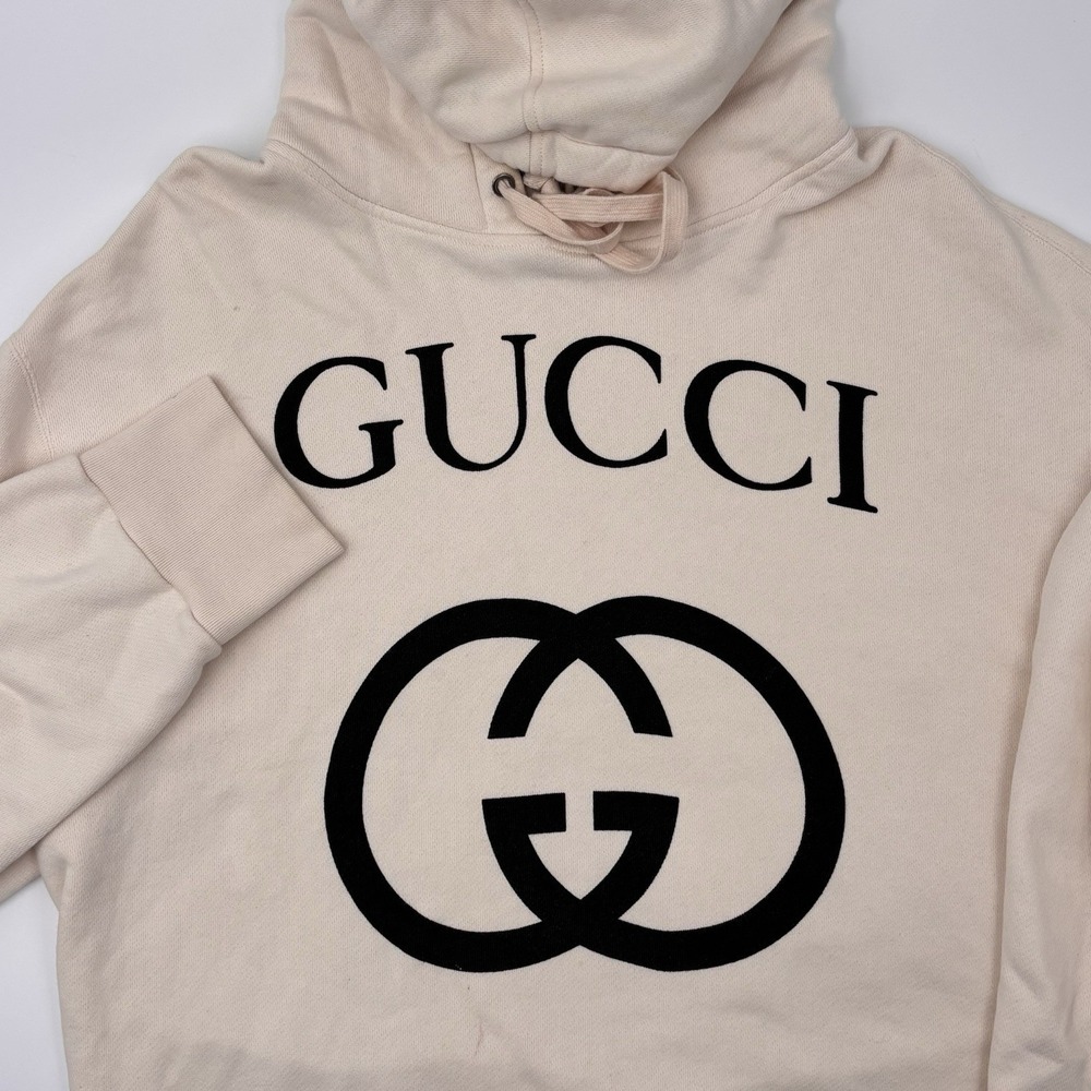 GUCCI Interlocking G Logo Hooded Sweatshirt Cream Men's Size XXL